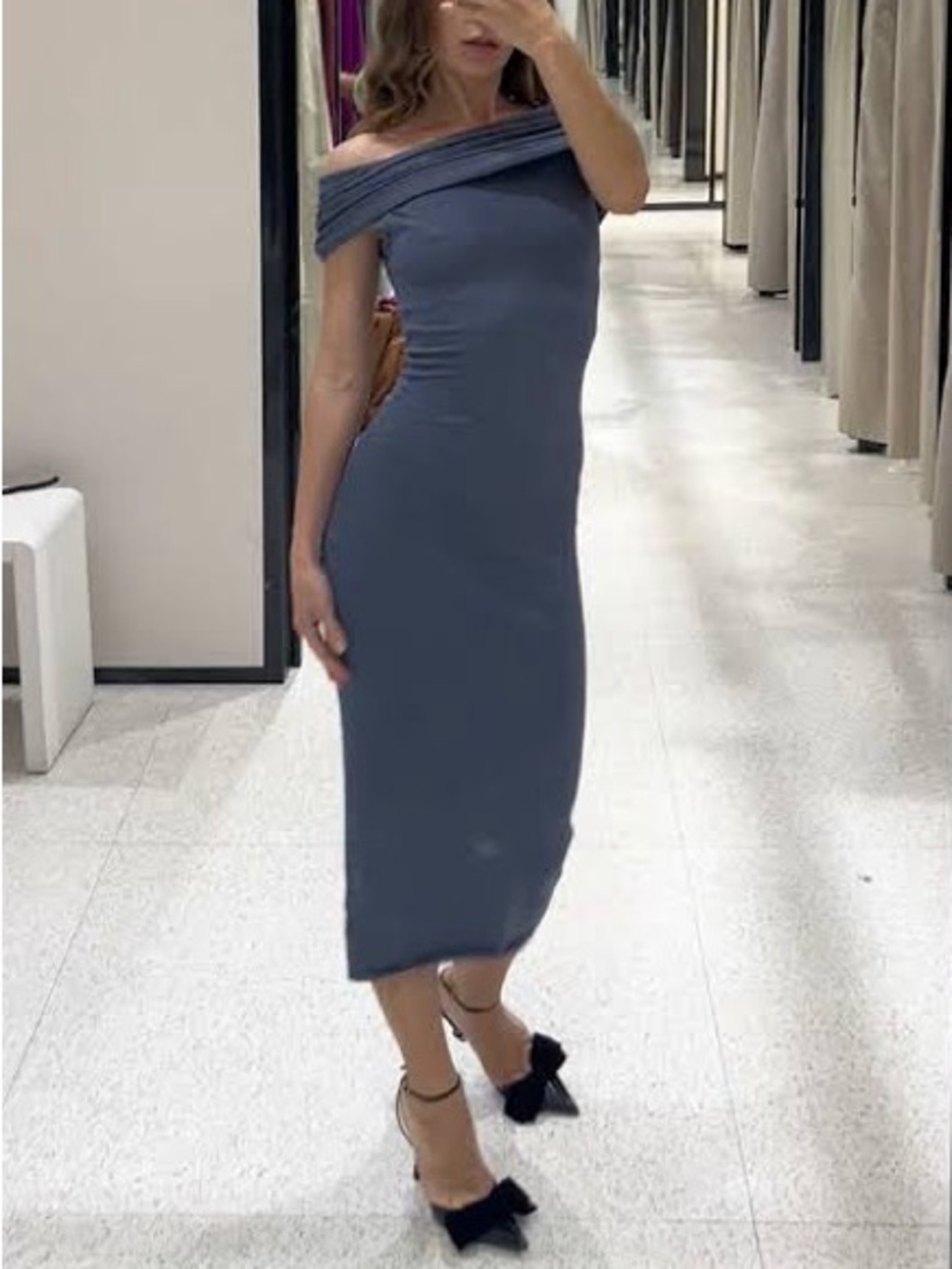 ZARA // Off-Shoulder Slate Blue Midi Dress